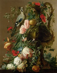 Un vaso di pietra scolpito con rose, auricula, papaveri, convolvolo, con una ghiandaia su un cornicione, 1760